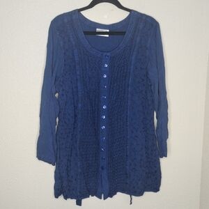 Holy Clothing Blue Embroidered Button Up Tunic Top Women's Size XL / 1X